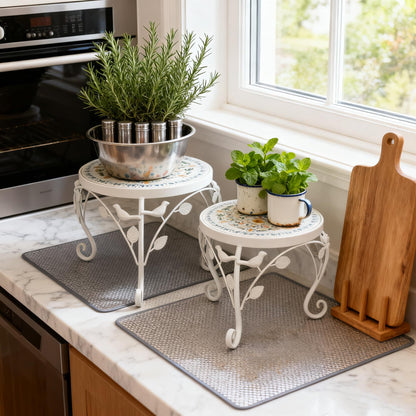 Rustic Metal Plant Stand Set of 2 Indoor & Outdoor Round Ceramic Top Mosaic Planter Pot Stand Low Heavy Duty Flower Holder Rack for Garden Patio Living Room Farmhouse Accessory Decor Gift White Flower Bird