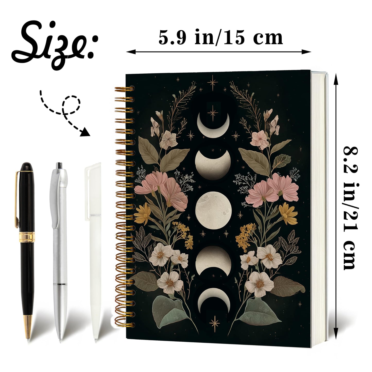 Gothic Notebook Journal for Women - A5 Spiral Notebook with Dark Academia, Flowers Design, Vintage Witchy Journal, Gothic Office & School Supplies, Unique Gifts for Women Birthday, Christmas (Moon)