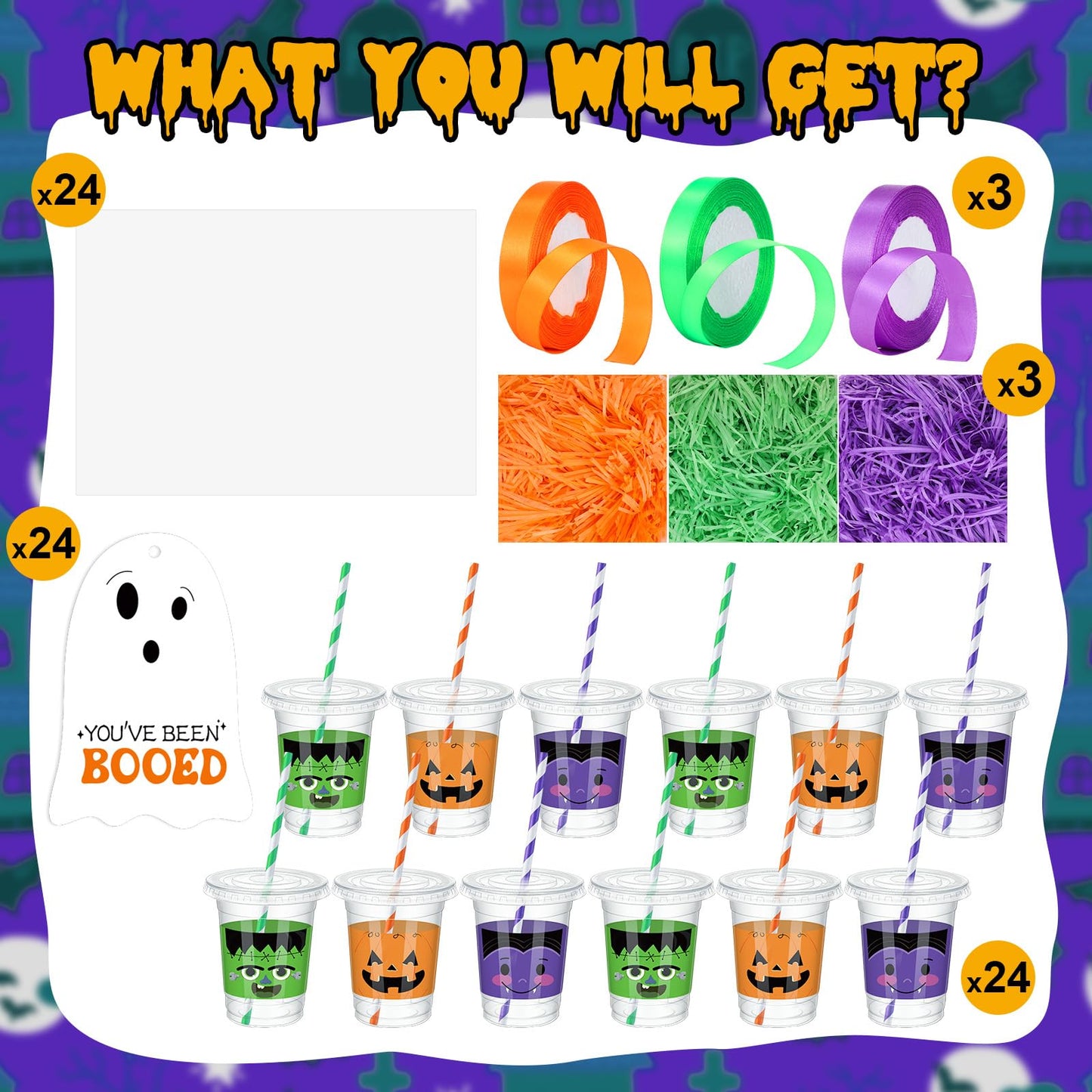 Jingmore 24 Sets 12 oz Halloween Gifts Cups Set Halloween Goodie Candy Bags with Card Ribbon and OPP Bags Disposable Plastic Clear Cups with Lids and Paper Straws for Treat Party Favor Supplies