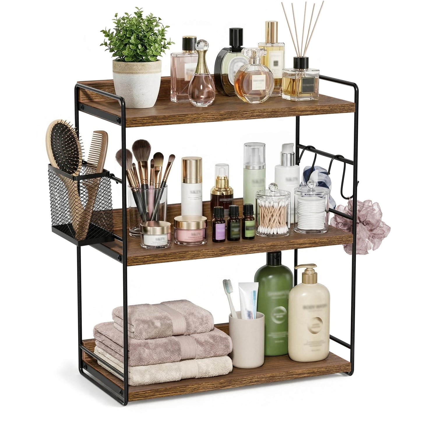 Naeqieo 3-Tier Bathroom Counter Organizer with Basket, Vanity Organizer Counter Shelf for Skincare & Makeup Storage, Wood Countertop Organizers for Kitchen, Bathroom, Dresser (Brown)