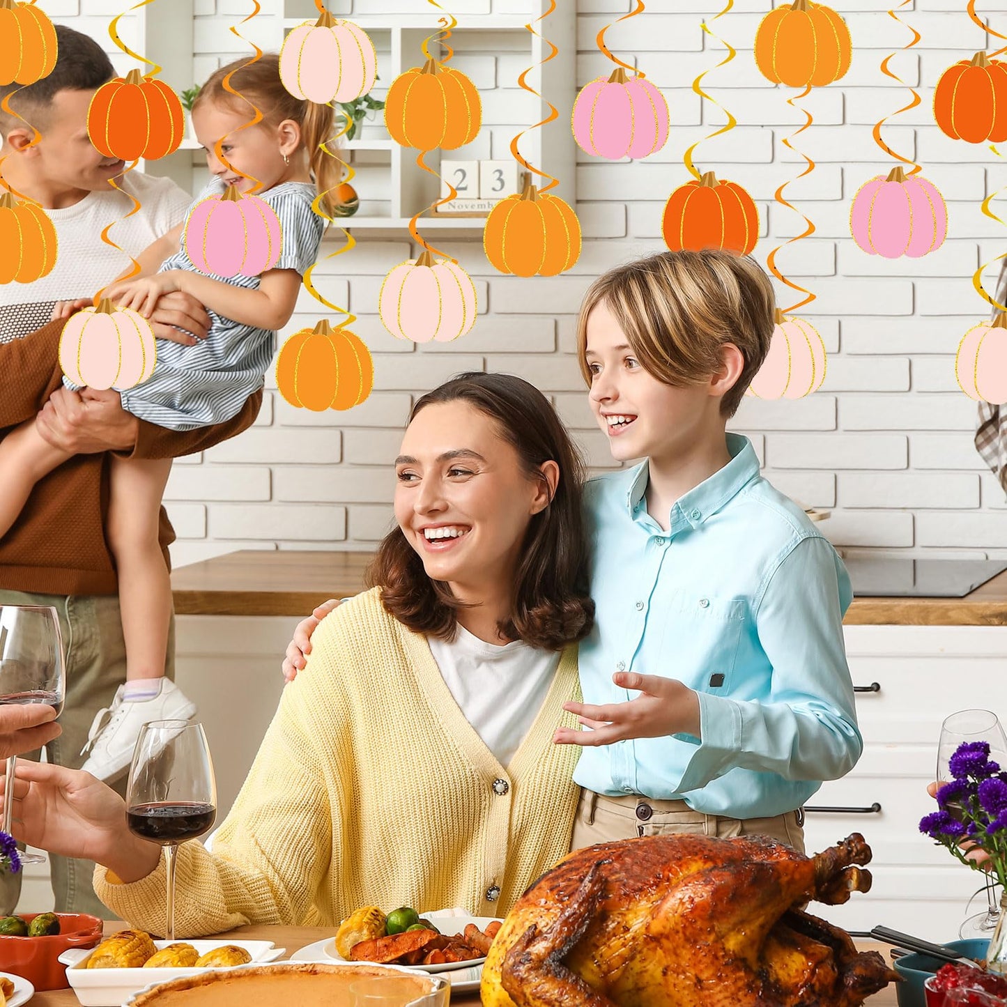 FYSUIMU 48 Pcs Fall Pumpkin Hanging Swirls Pink Orange Cute Pumpkin Ceiling Spiral Streamer Pre-Assembled Autumn Thanksgiving Hanging Ornaments for Autumn Harvest Home Party Wall Decoration Supplies
