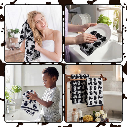 Breling 2 Pcs Cat Hand Towels Black White Cute Kitty Bathroom Towels 100% Cotton Highly Absorbent Soft Kitchen Dish Decorative Gifts for Cat Lovers Halloween Holiday Decorations, 13 x 29 Inch