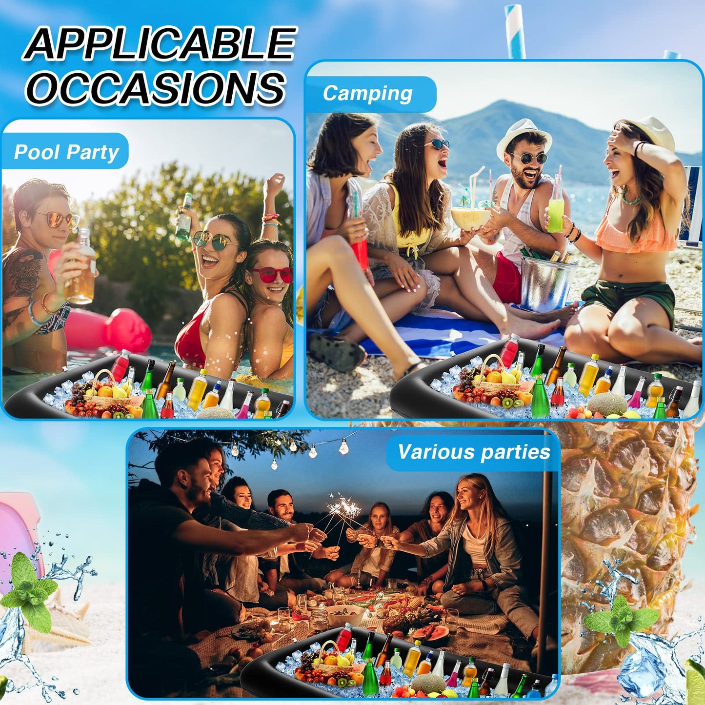 Leitee 3 Pcs Inflatable Serving Bar 52 x 24 x 5'' Ice Buffet Serving Tray Drink Cooler with Drain Plug Inflatable Pool Bar for Party Food Drink Holders with a Hand Pump(Black)
