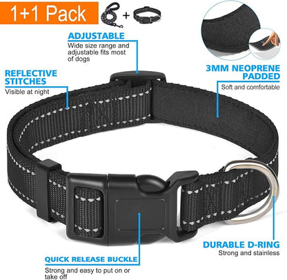 Ladoogo Reflective Dog Collar Padded with Soft Neoprene Breathable Adjustable Nylon Dog Collars for Small Medium Large Dogs (Small (Pack of 1), Black Collar+Leash)