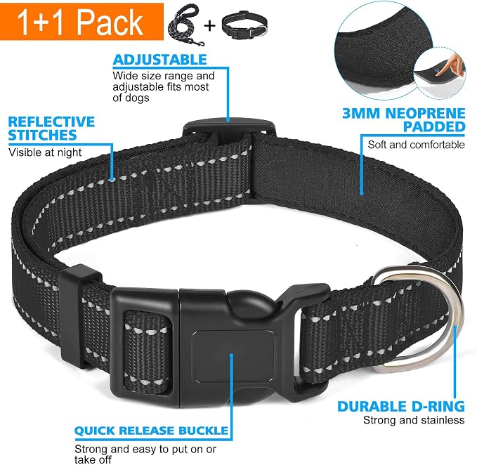 Ladoogo Reflective Dog Collar Padded with Soft Neoprene Breathable Adjustable Nylon Dog Collars for Small Medium Large Dogs (Medium (Pack of 1), Black Collar+Leash)