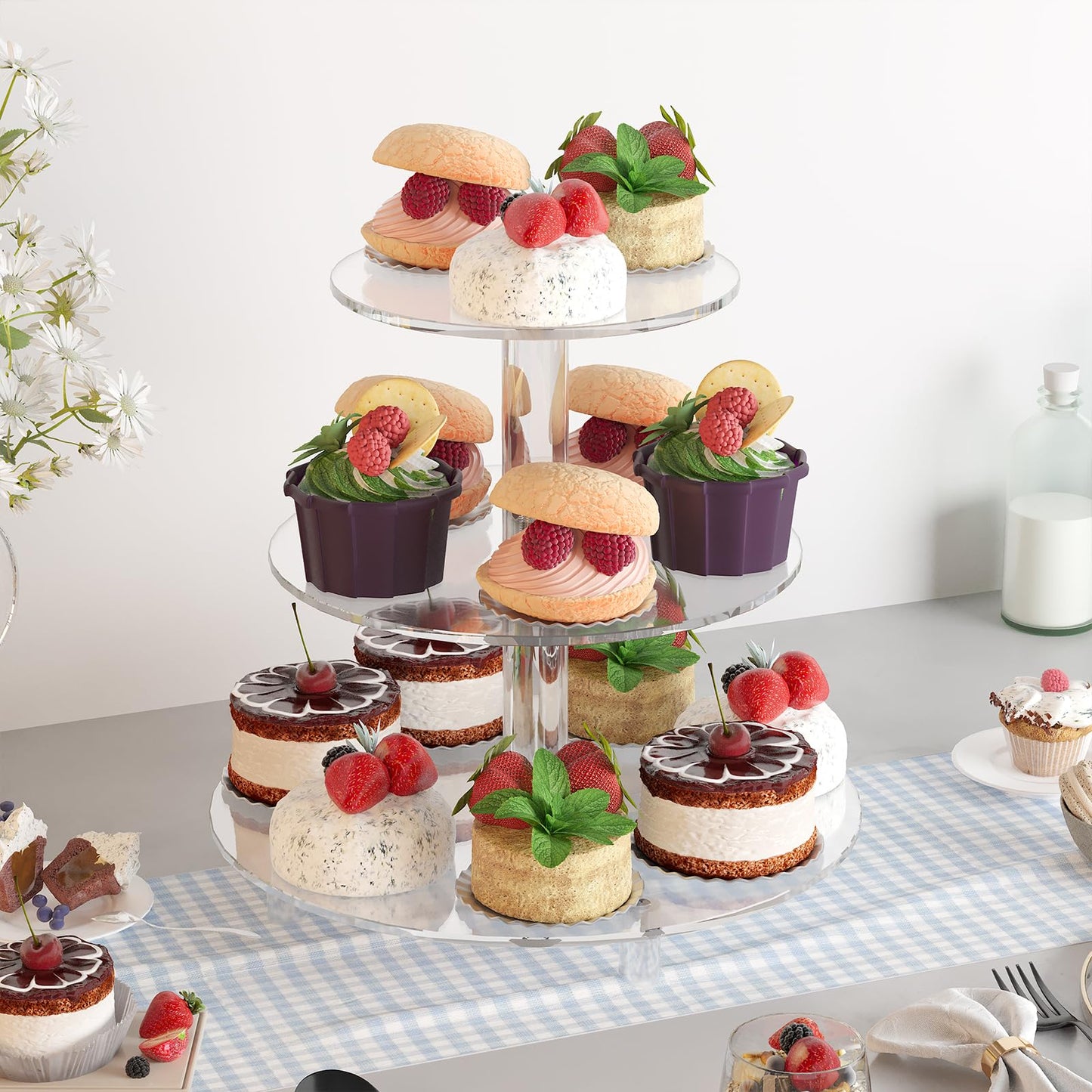 YadklDrnE 3 Tier Acrylic Cupcake Stand (6", 8", 10") with 4" Spacing - Clear Dessert Tower with Solid Rods - Stable Cake Display for Smash Cakes, Weddings & Party Decor (Clear)
