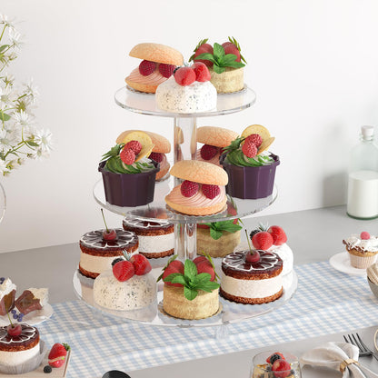 YadklDrnE 3 Tier Acrylic Cupcake Stand (6", 8", 10") with 4" Spacing - Clear Dessert Tower with Solid Rods - Stable Cake Display for Smash Cakes, Weddings & Party Decor (Clear)