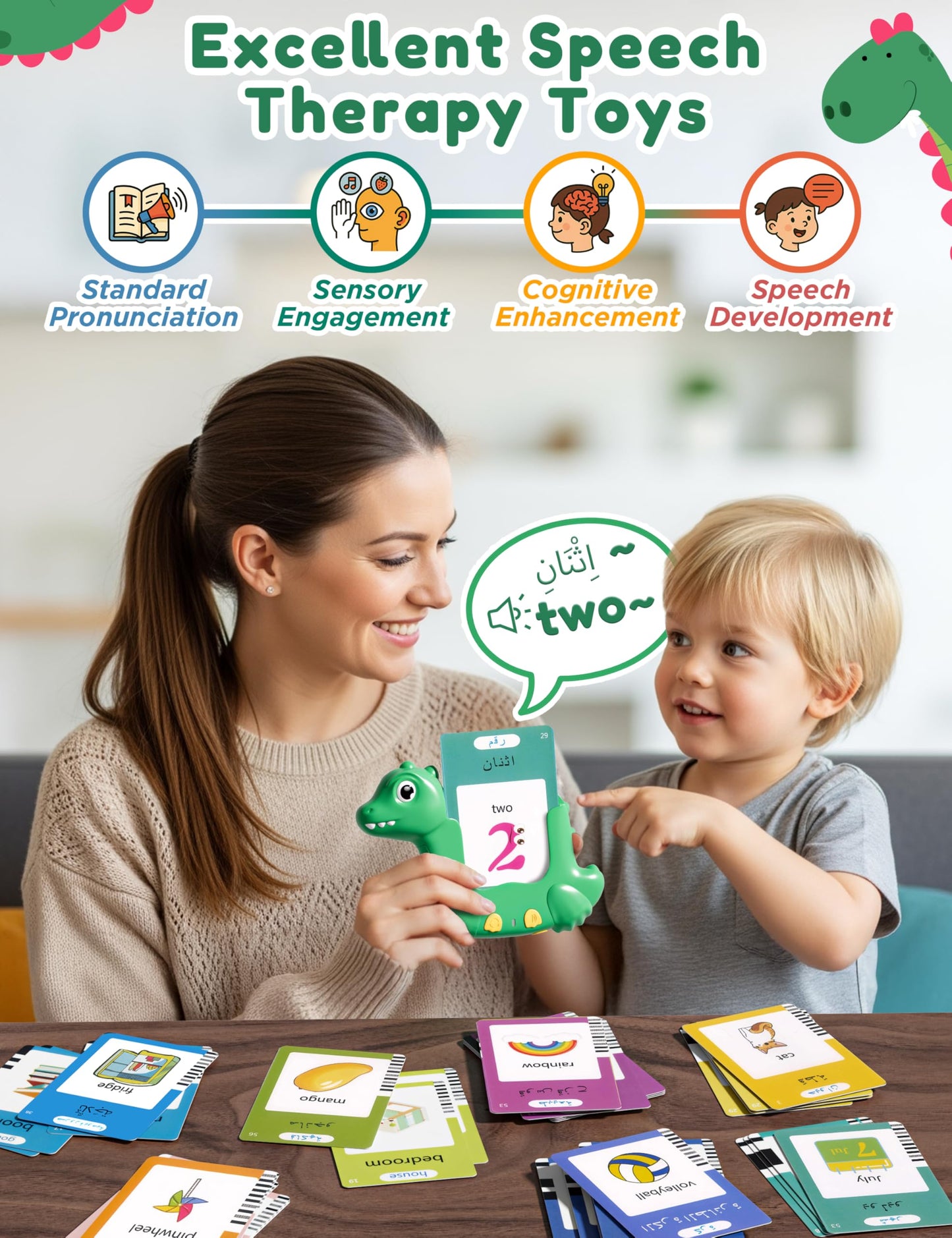 Arabic and English Talking Flash Cards for Kids, 510 Sight Words Bilingual Learning Toys for Toddlers, Arabic Alphabet Flashcards Pocket Speech Therapy Toys, Dinosaur Shaped