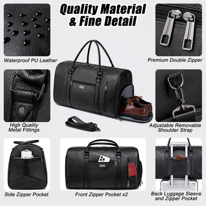 Large Travel Duffel Bag for Women Men, Faux Leather Weekender Overnight Bag with Shoe Compartment, Waterproof Carry On Bag with Toiletry Bag, Travel Tote Bag Gym Bag (Black)