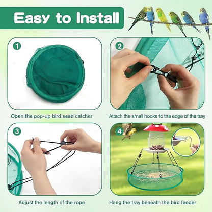 3PCS Bird Seed Catcher Tray 30 Inch Bird Seed Catcher Hanging Hoop Platform for Bird Feeders Includes S-Hooks, Adjustable Ropes & Portable Storage Pouch