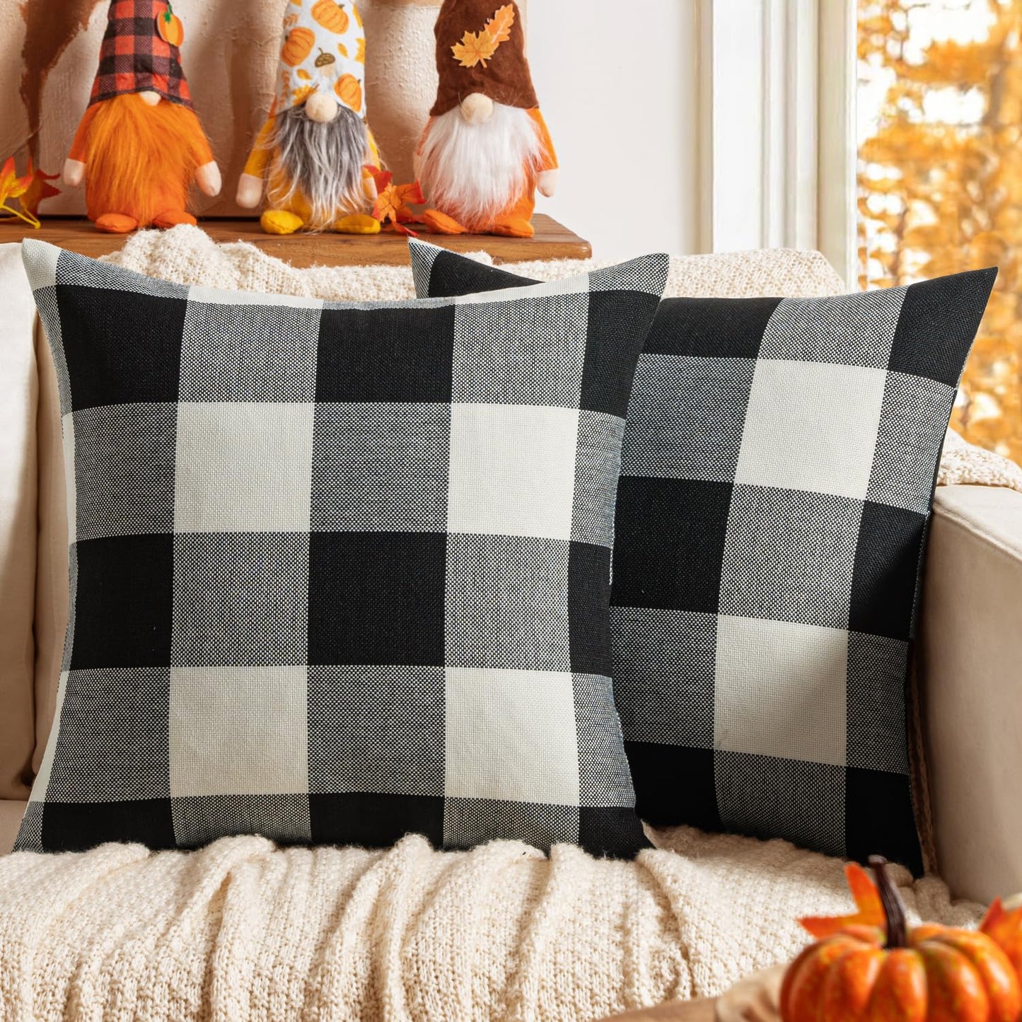 MIULEE Halloween Pack of 2 Farmhouse Buffalo Check Plaids Linen Throw Pillow Covers Soft Soild Decorative Home Decor Outdoor Cushion Case for Sofa Bedroom 18 x 18 Inch, Black and White
