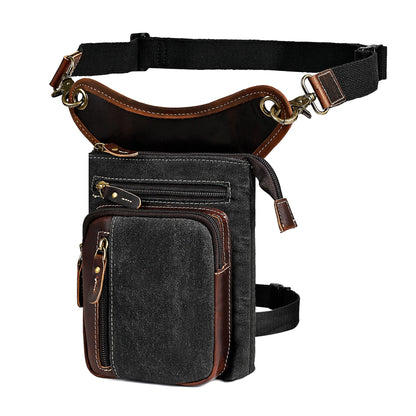 Handadsume Water Resistant Canvas + Leather Motorcycle Fanny Waist Pack One Shoulder Drop Leg Thigh Bag For Men Women FB211-6 (Z-211-11-Black)