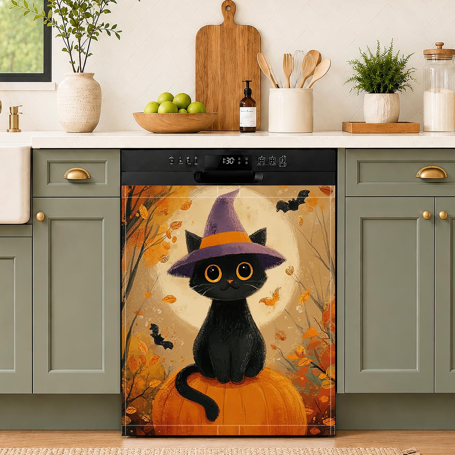 Black Cat Pumpkin Halloween Dishwasher Magnet Cover,23x26 Inch Magnetic Dishwasher,Waterproof Appliance Cover for Holiday Kitchen Decor Housewarming Gifts