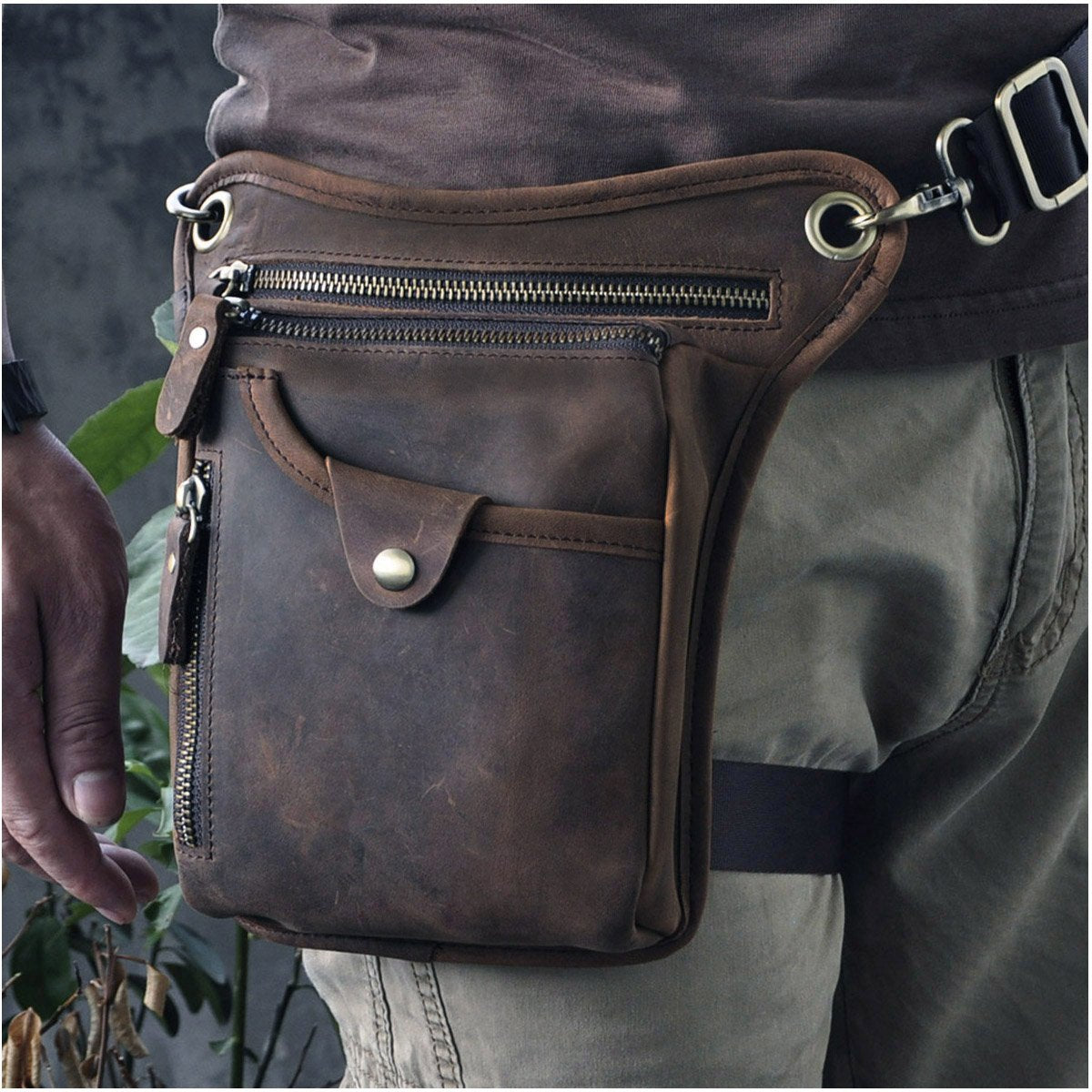 Le'aokuu Mens Genuine Leather Outdoor Sporting Hicking Waist Hip Pack Messenger Shoulder Drop Leg Thigh Bag Pouches For Women (211-5 0 Dark Brown)