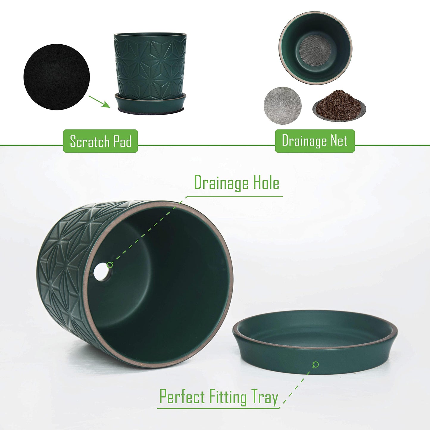 D'vine Dev Ceramic Flower Plants Pots Planter, 3.8 Inch 5.8 Inch Stoneware Planter Pot with Drainage Hole and Saucer, Set of 2, Dark Blue Green, 99-E-4