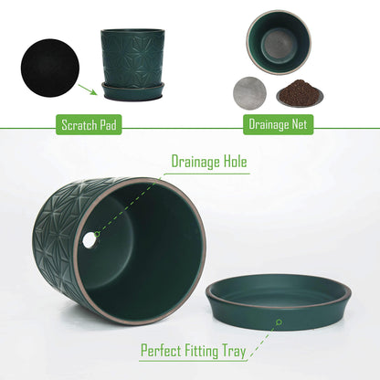 D'vine Dev Ceramic Flower Plants Pots Planter, 3.8 Inch 5.8 Inch Stoneware Planter Pot with Drainage Hole and Saucer, Set of 2, Dark Blue Green, 99-E-4