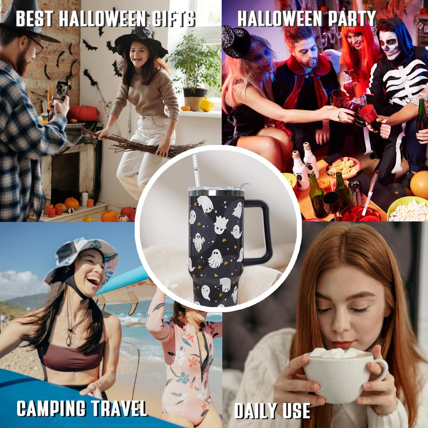 Rcvlauf Halloween Tumbler 40oz Ghost Tumbler Spooky Leak Proof Cups with Handle and Straw Insulated Water Bottle Coffee Travel Mugs for Halloween Decor Gifts for Women Men (1PCS)