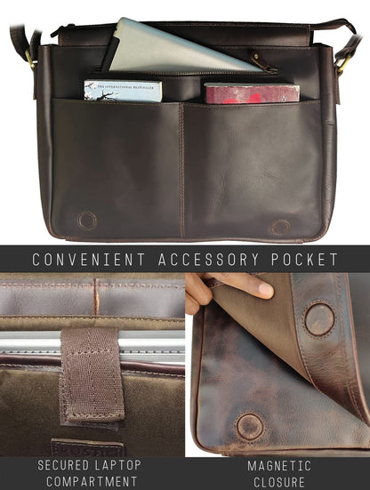 RUSTIC TOWN Leather Messenger Bag for Men Women - Full Grain Leather Laptop Satchel Office Shoulder Bag (16-Inch, Dark Brown)