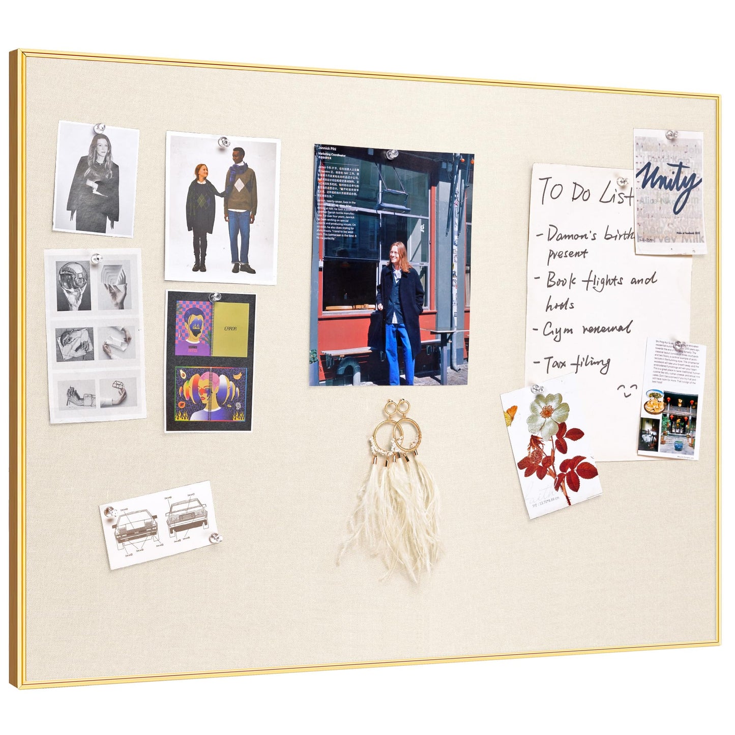 Lightomorrow Bulletin Board 24 x 18 inches, Oatmeal White Pin Board, Golden Aluminum Framed Fabric Cork Board with 10 Push Pins
