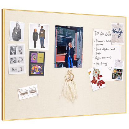Lightomorrow Bulletin Board 24 x 18 inches, Oatmeal White Pin Board, Golden Aluminum Framed Fabric Cork Board with 10 Push Pins