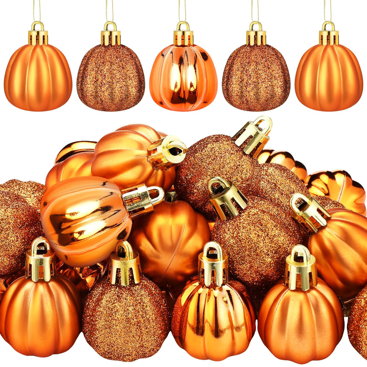 Colingmill 36 Pcs Fall Tree Ornaments Pumpkin Hanging Ornaments Thanksgiving Fall Decorations Mini Pumpkin Ball Decorations Farmhouse for Small Tree Autumn Home Halloween Party(Classic,Gold)