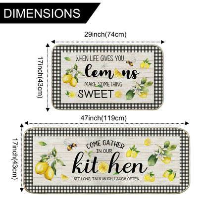 Lemon Kitchen Mat Set of 2, Kitchen Mats for Floor, Farmhouse Lemon Kitchen Decor Floor Mats Non Slip, Kitchen Runner Rug Carpet 17x29 and 17x47 Inch