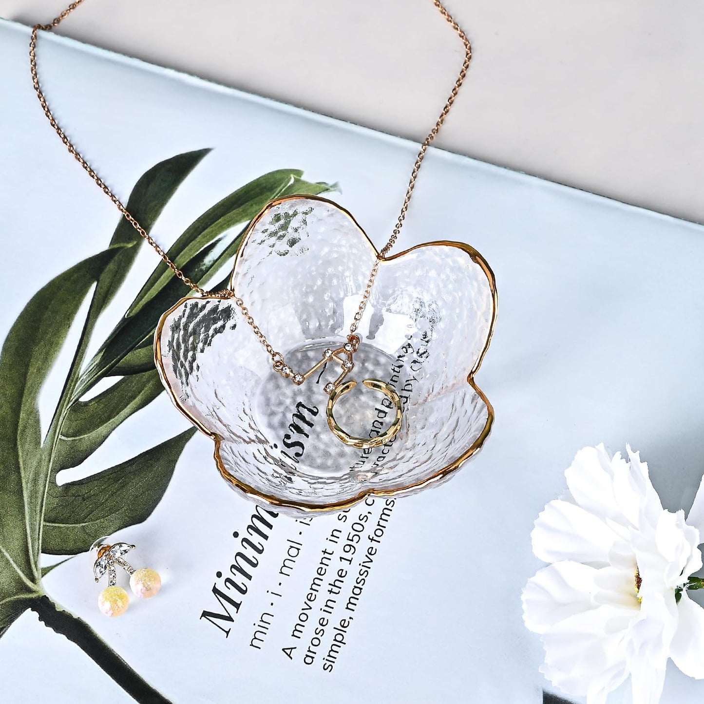 Koythin 3-Piece Glass Jewelry Tray, Small Trinket Holder for Necklace Bracelet Earring, Ring Holders for Bathroom, Aesthetic Trinket Dish, Flower Nightstand Decor for Girl Mom (Transparent White)
