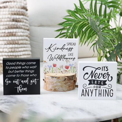 3 Pcs Inspirational Wood Box Sign Set, 5x5 Inches Motivational Quotes Wooden Blocks, Rustic Table Centerpiece Decorations