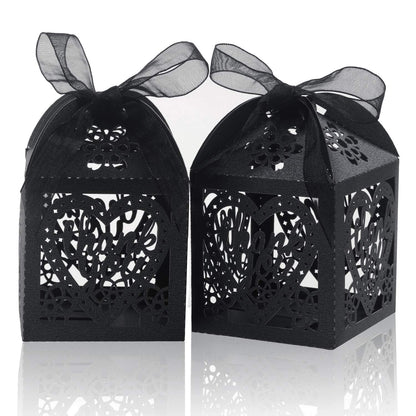 COTOPHER Laser Cut Boxes, 100pcs Thank You Gift Boxes Wedding Party Favor Boxes Lace Candy Boxes for Wedding Baby Shower Birthday Party Decorations with Ribbons (2x2x2.75inch, Black, 100)