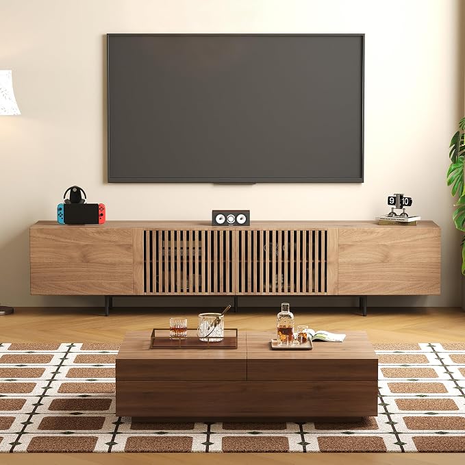 Mid-Century Modern 94.48" TV Stand and Expandable Coffee Table Set, Large Walnut Entertainment Center with Storage for Living Room and Bedroom Furniture Decor