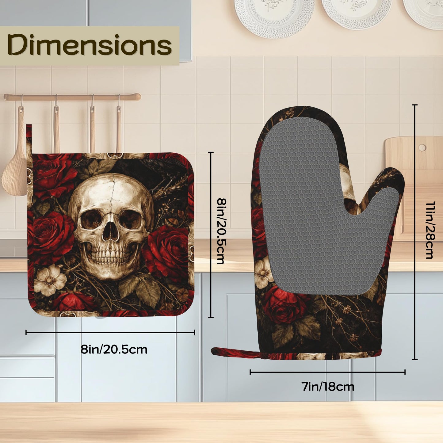 Oven Mitts and Pot Holders Gothic Skull Floral Silicone Kitchen Accessories Set of 4 Heat Resistant Gloves Potholder Non-Slip Grip for Chef Cooking Baking Grilling BBQ
