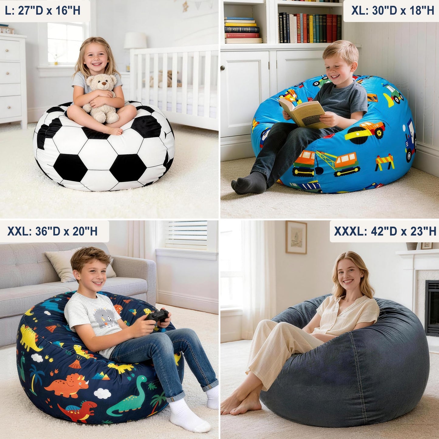 Lukeight Soccer Stuffed Animals Storage Bean Bag Chair Cover for Kids, Cozy Velvet Plush Toy Organizer Seat, Cover Only, No Filling Included, Long YKK Zipper, Side Pocket, X-Large 30 x 18 in