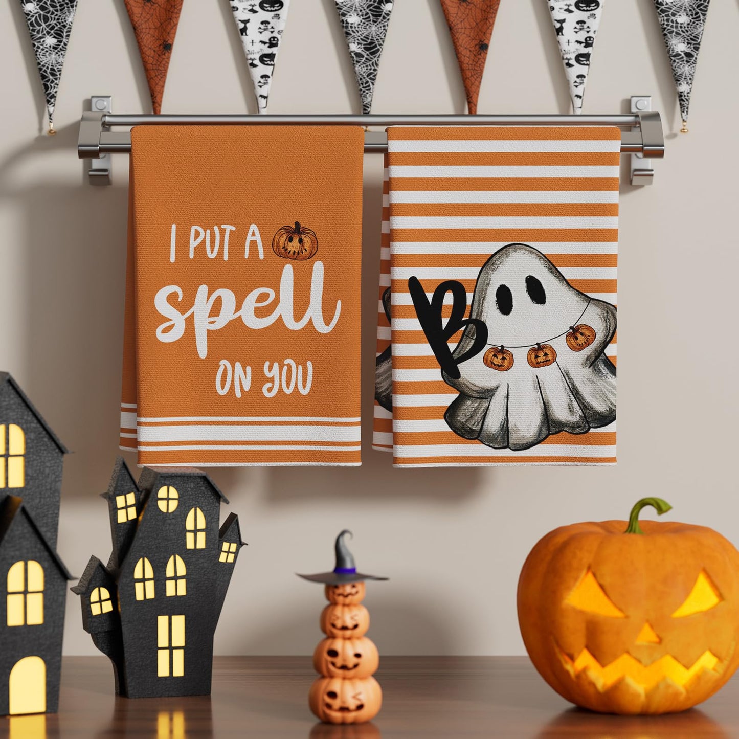 XCHI Halloween Stripes Pumpkin Ghost Boo Kitchen Towels Dish Towels 18x26 Inch Home Kitchen Decorations Hand Towels Set of 4 Drying Dishcloth