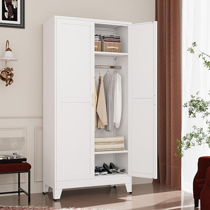 GAIOUS Metal Wardrobe Cabinet with Hanging Rod, Clothing Storage Cabinets | with 2 Doors and Adjustable Shelves, 71" Metal White Armoire Wardrobe Closet for Bedroom, Laundry Room, Cloak Room