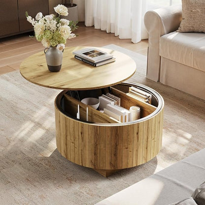 kepptory Round Lift Top Coffee Table with LED Lights, Mid Century Modern Wooden Coffee Tables with 3 Storage Space, Circle Center Table for Living Rooms,Dining Room,Bedroom Home Office,APP LED Lights