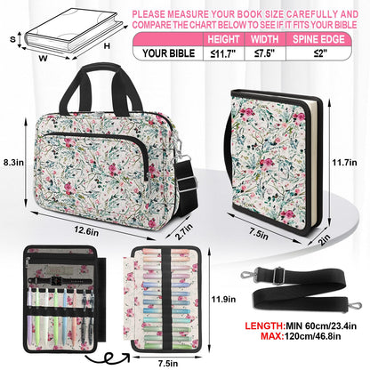 IBOVODI Pink Floral Bible Cover Case for Women, Cute Flower Large Bible Bag Book Carrying Bag with Strap Handle Zipper Pockets, Pens and Highlighters Cross Clips for Bible Study & Church