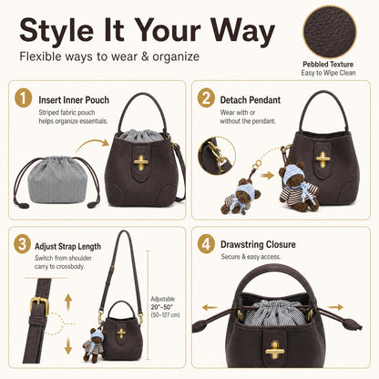 COC.EFRENAR Women's Mini Top Handle Bag, Vegan Leather Crossbody Shoulder Purse with Cute Bear Charm & Scarf, Small Bucket Handbag with Adjustable Strap