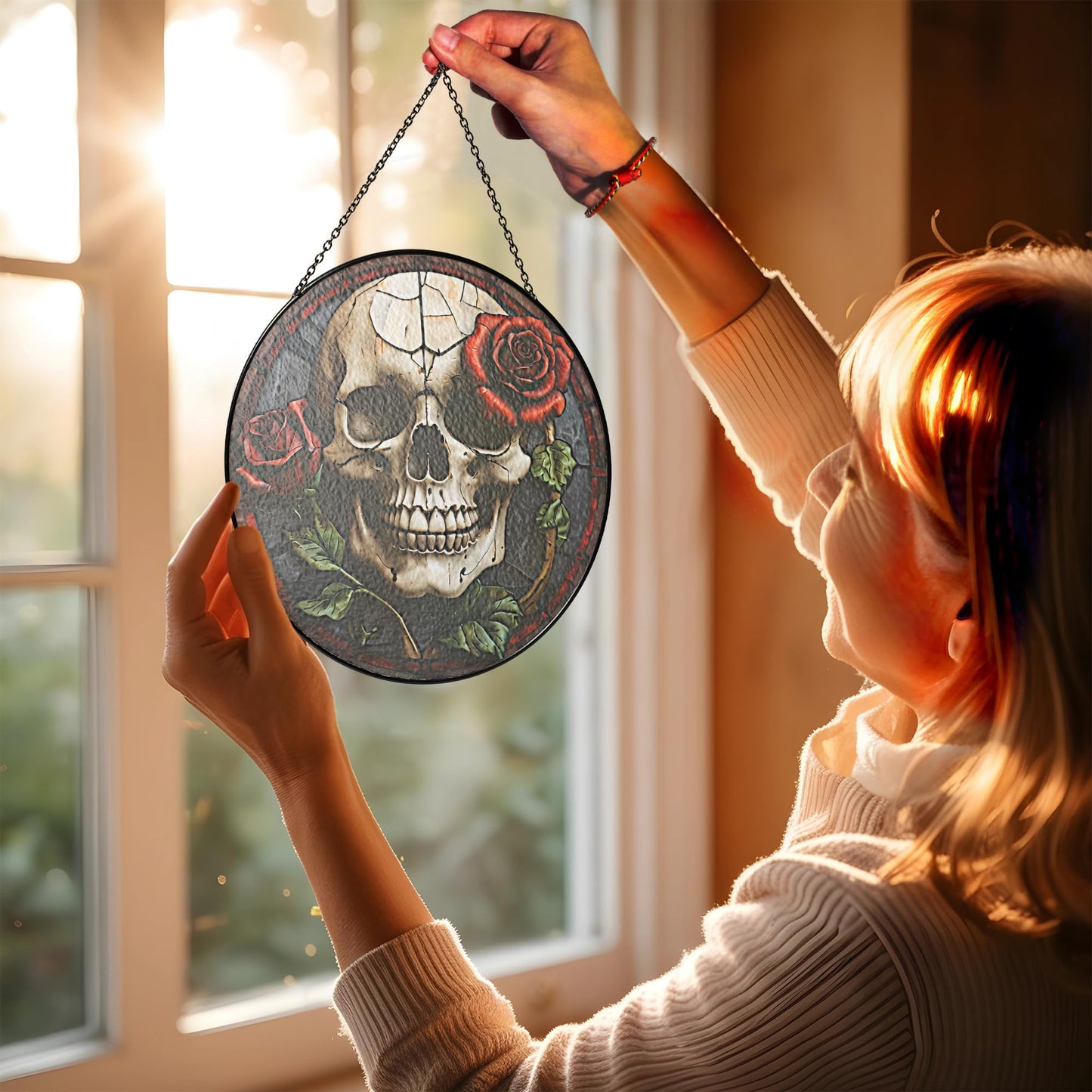7.8" Skull Rose Stained Glass Suncatcher, Gothic Window Hanging Ornament for Home Decor, Unique Halloween Decoration with Red Rose Skull Art, Spooky Gothic Room Accent ART-03E-SG8