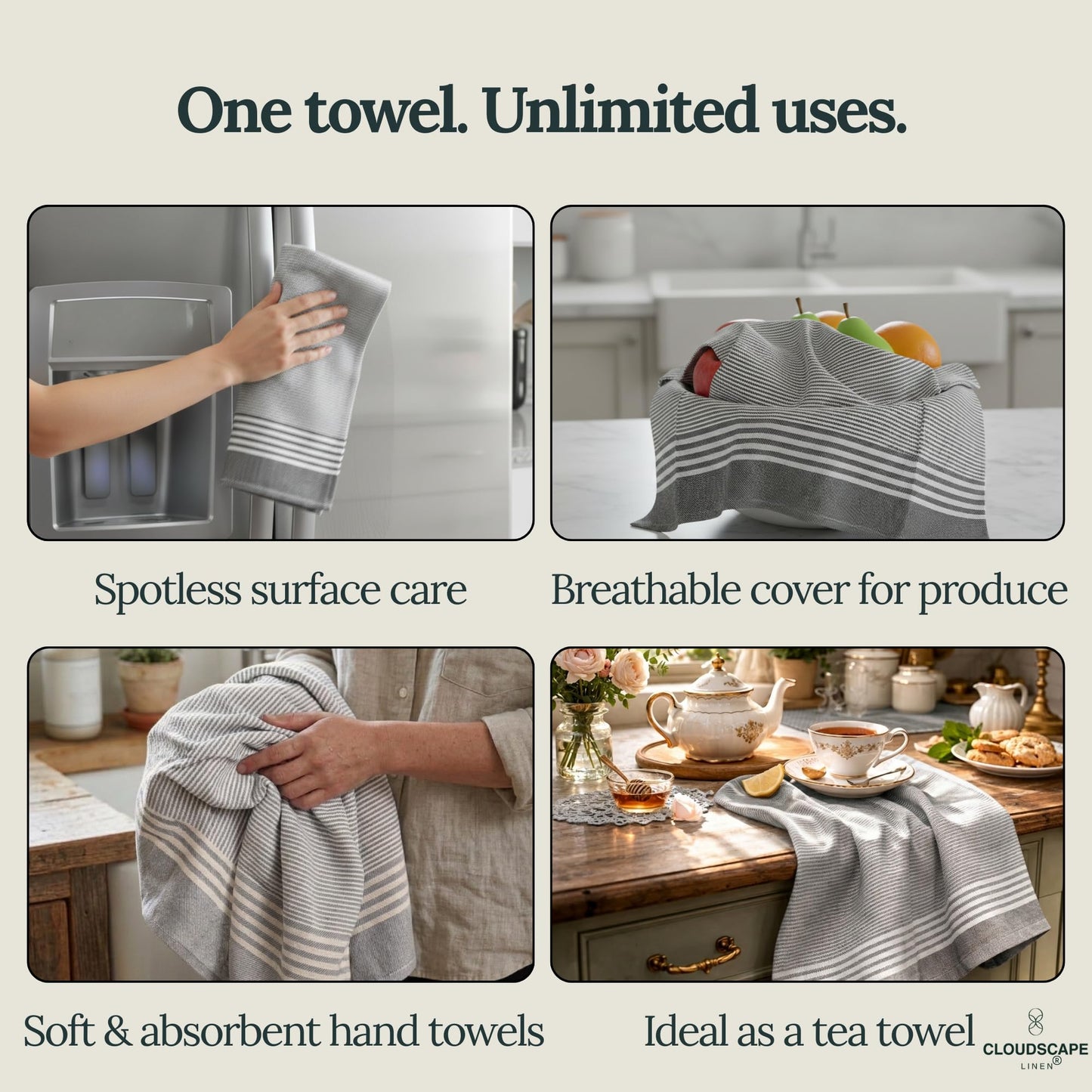 CLOUDSCAPE Kitchen Towels, Set of 12, Premium Cotton Dish Towels for Kitchen, 18" x 28" Oversized Hand Towel, Quick Absorbent & Drying Tea Towel with Hanging Loop - Grey