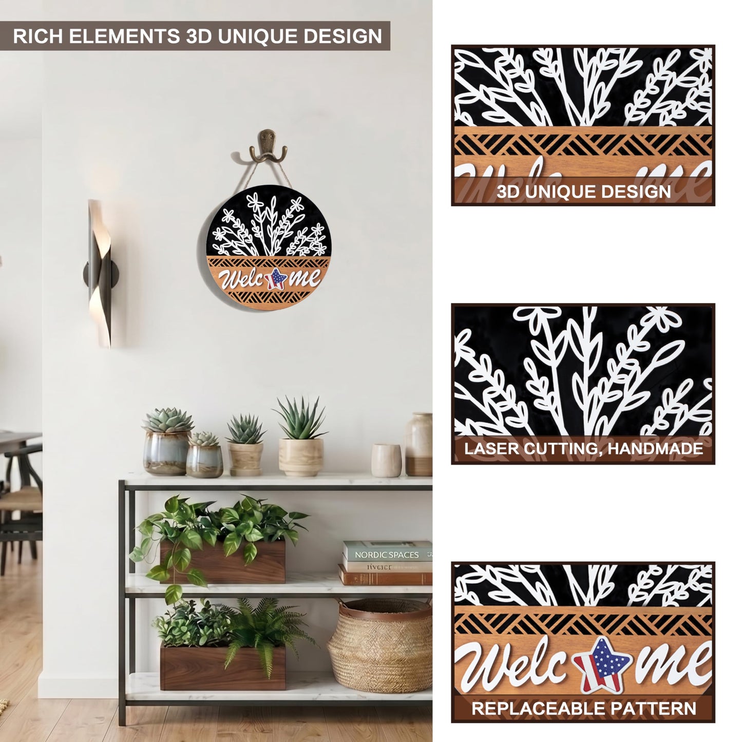 Interchangeable 3D Welcome Sign for Front Door, Rustic Round Wood Wreaths Wall Hanging Decor, House Warming Gifts New Home Decorations, for Spring Summer Fall Winter All Seasons Porch Christmas
