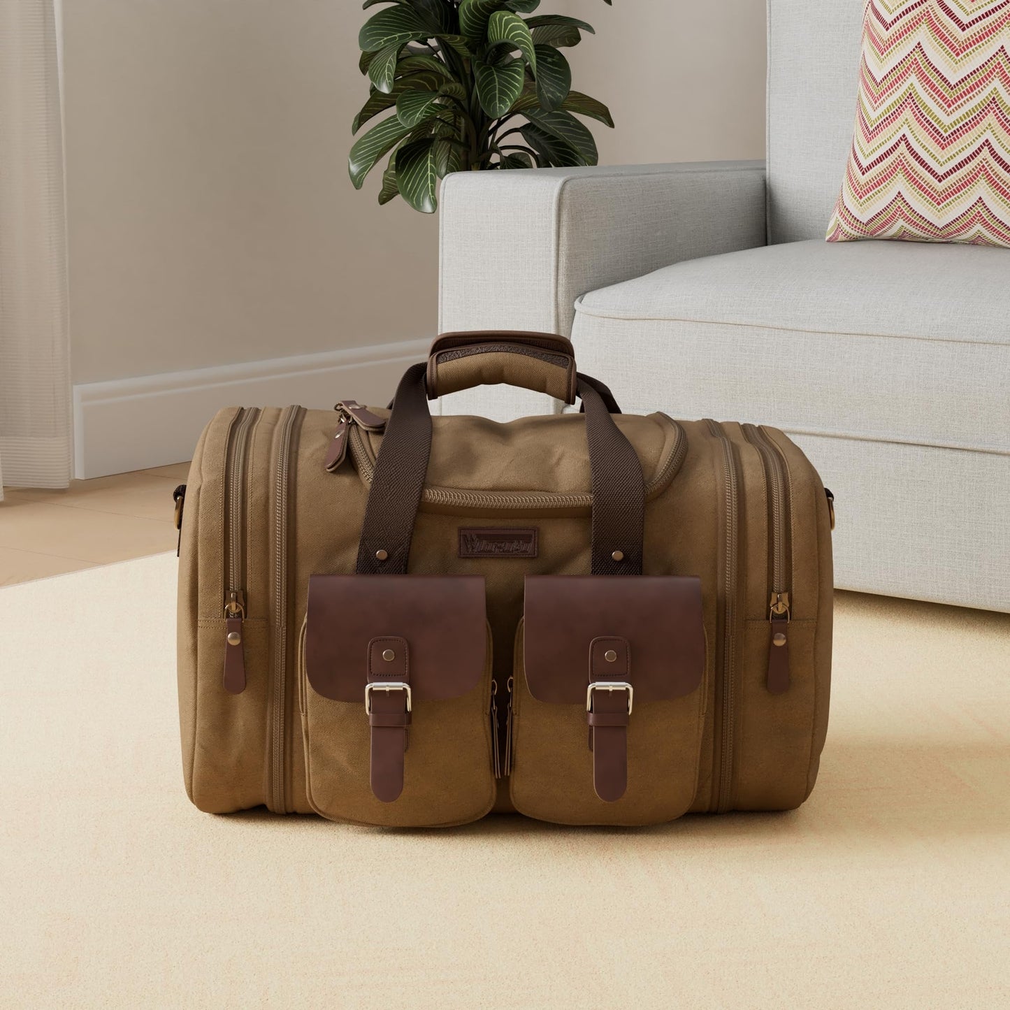 Wildroad 50L Travel Duffel Bag, Expandable Canvas Genuine Leather Duffle Bag Upgraded Overnight Weekender Carry on Bag