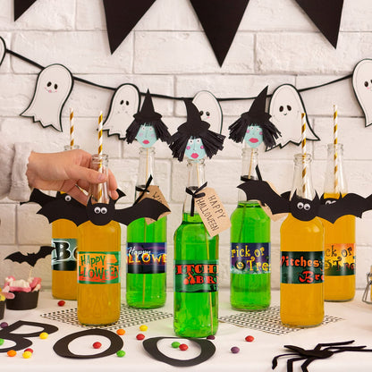 Marspark 80 Pieces Halloween Water Bottle Labels Ghost Witches Pumpkin Wrap Stickers Bottle Wrappers Halloween Party Supplies Decor Waterproof Colorful Party Water Bottle Label Sticker, 8.5 x 2 Inches