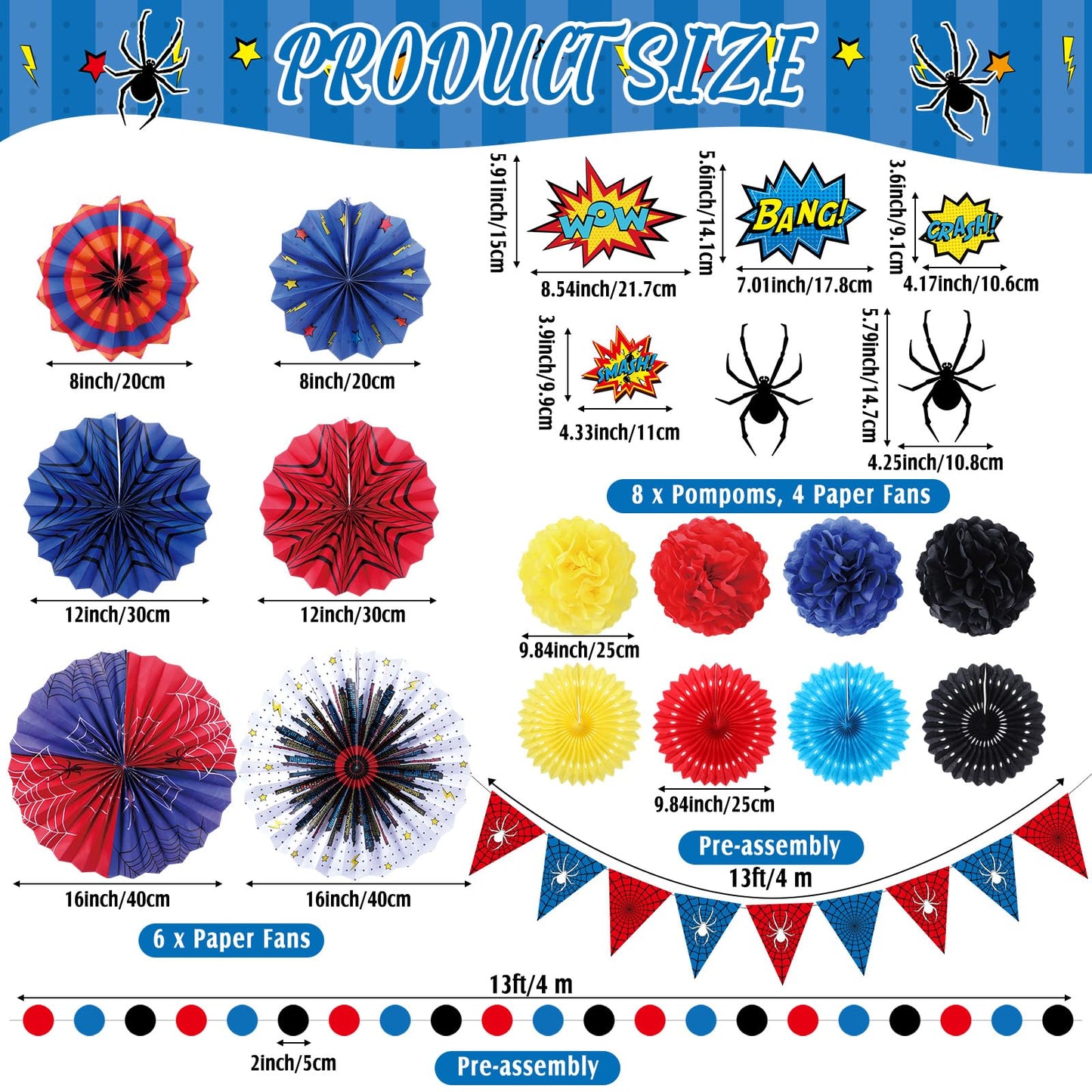 Blosssound 26 Pieces Spider Birthday Party Decorations - Paper Fans, Pompom Paper Flowers, Pre-Strung Pennant Banner, Dots Garland, Cards Set for Spider Web Super Themed Party Decor Supplies