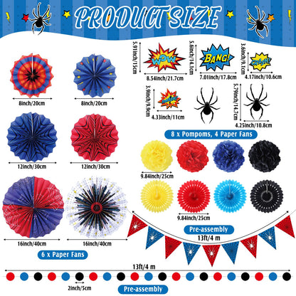 Blosssound 26 Pieces Spider Birthday Party Decorations - Paper Fans, Pompom Paper Flowers, Pre-Strung Pennant Banner, Dots Garland, Cards Set for Spider Web Super Themed Party Decor Supplies
