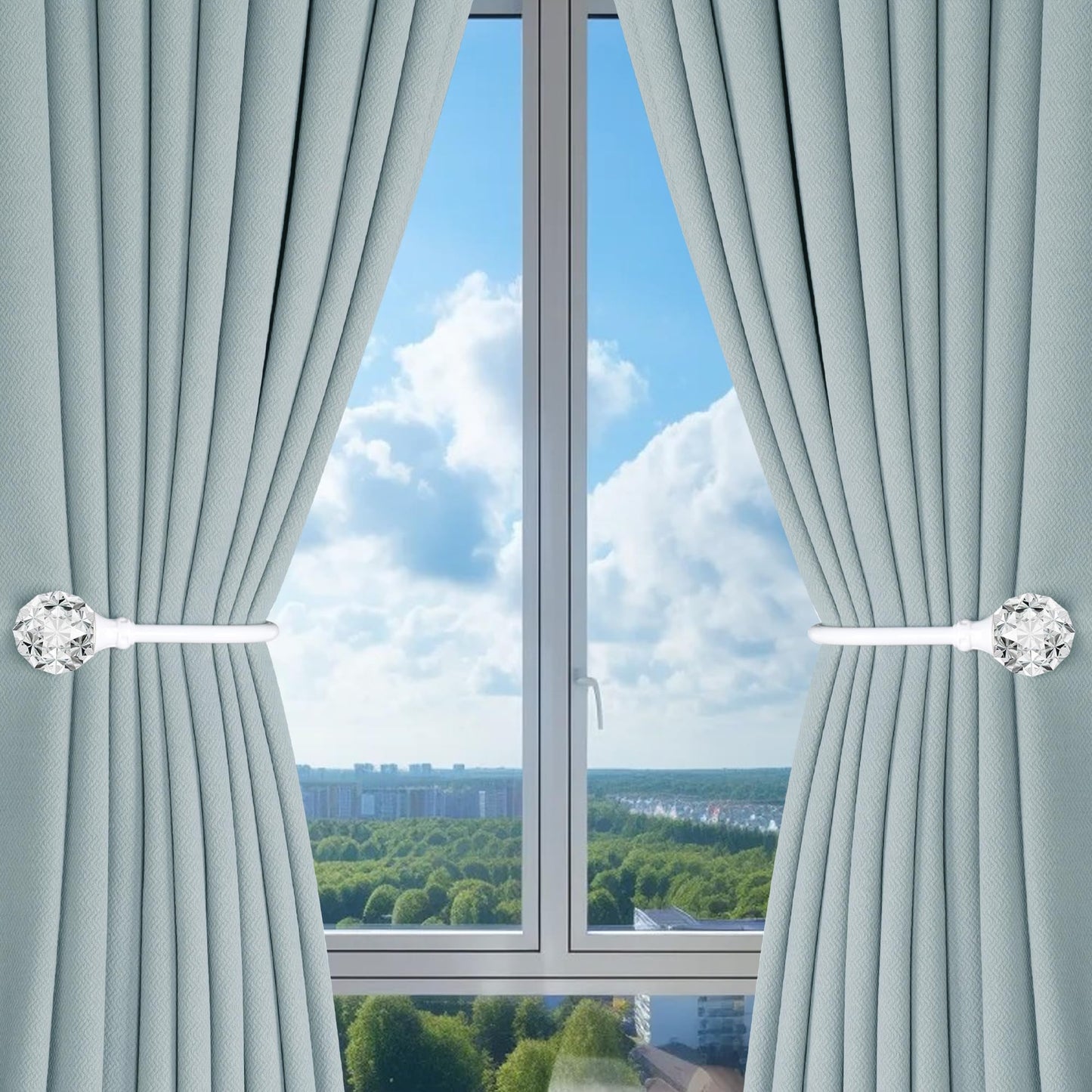 Groleca 2 x Heavy Duty U Shaped Metal Curtain Holdbacks Curtain Tiebacks with Clear Crystal Ball Pull Backs Curtain Holders for Drapes (White)