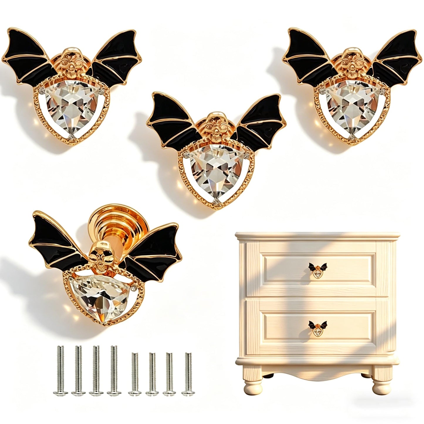 Sutfmwe Bat Knob, Gothic Knobs Pulls Handle for Cabinet Drawer Closet Dresser Bookcase Wine Cooler Gothic Theme Furniture Decor Single Hole Crystal Skull Bat Knob Pull 4PCS