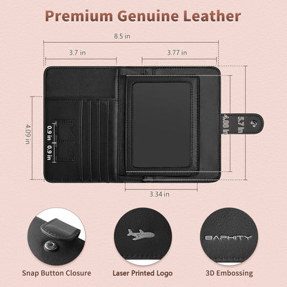 Passport Holder Women, Genuine Leather Passport Wallet RFID Blocking for Men and Women, Passport Cover with Snap Closure Fit for Immunization Record Card - Black