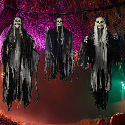 Hourleey 3 Pack Halloween Hanging Ghosts Decorations Outdoor, Scary Flying Grim Reapers Skeleton, Skull Ghost Halloween Decor for Yard Porch Frontdoor Party Haunted House Props