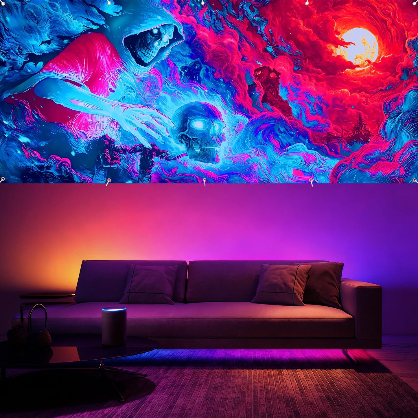 Blacklight Garage Door Banner Cover, 7x16ft UV Reactive Fluorescent Grim Reaper Skeleton Mural, Glow Halloween Skull Spooky Grim Reaper Ghost Backdrop, Neon Wall Party Decor