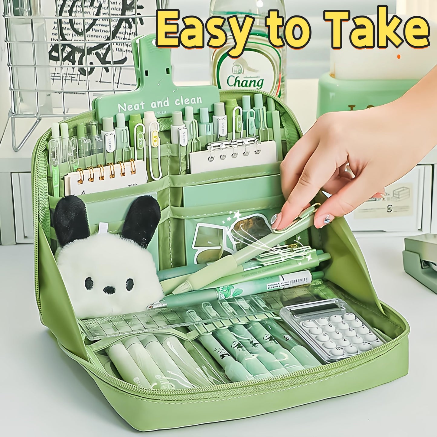 UIVXXUD Kawaii Cute Aesthetic Pencil Case - Large Capacity Canvas Pen Pouch Bag (Green)